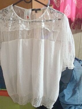 Ambiance White Sheer Lace Yoke Blouse